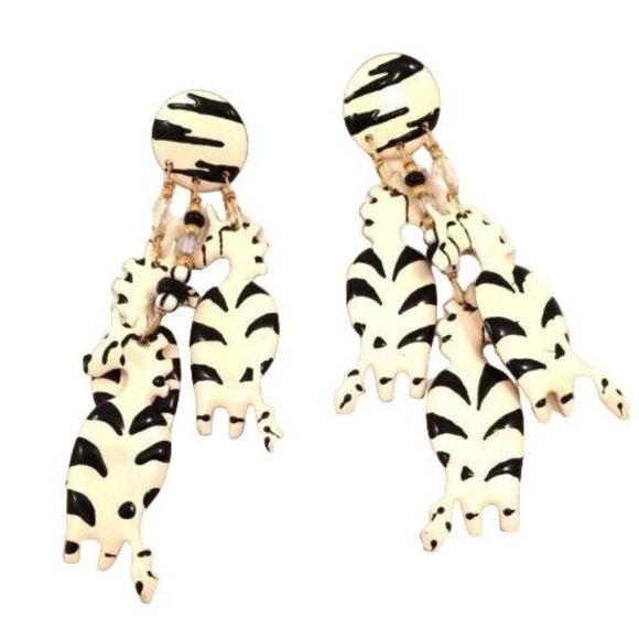 Lunch at the Ritz 88 Black White Zebra Couture Whimsical Massive Runway Earrings - Picture 1 of 7